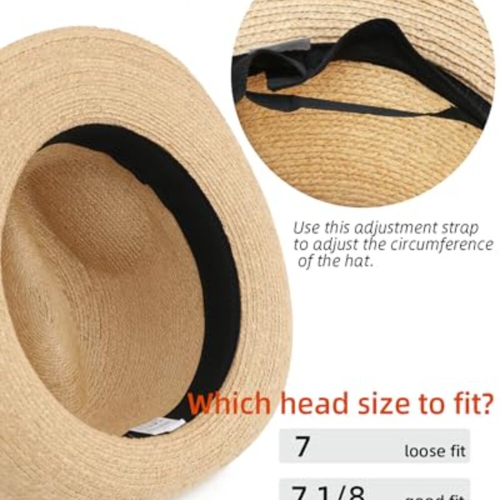 Raffia Straw Fedora Hat Packable Adjustable Class… - image 7